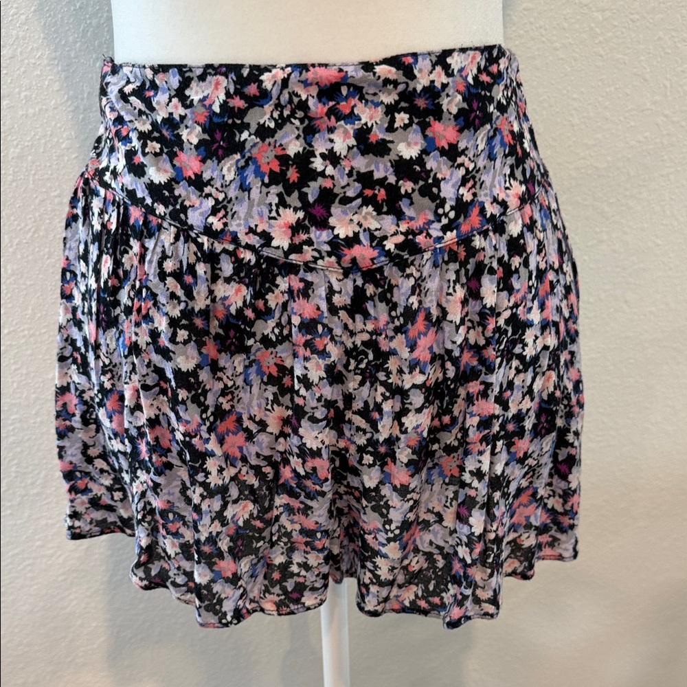 American Eagle Outfitters Black Floral Mini Skirt with Pink & Lavender Accents